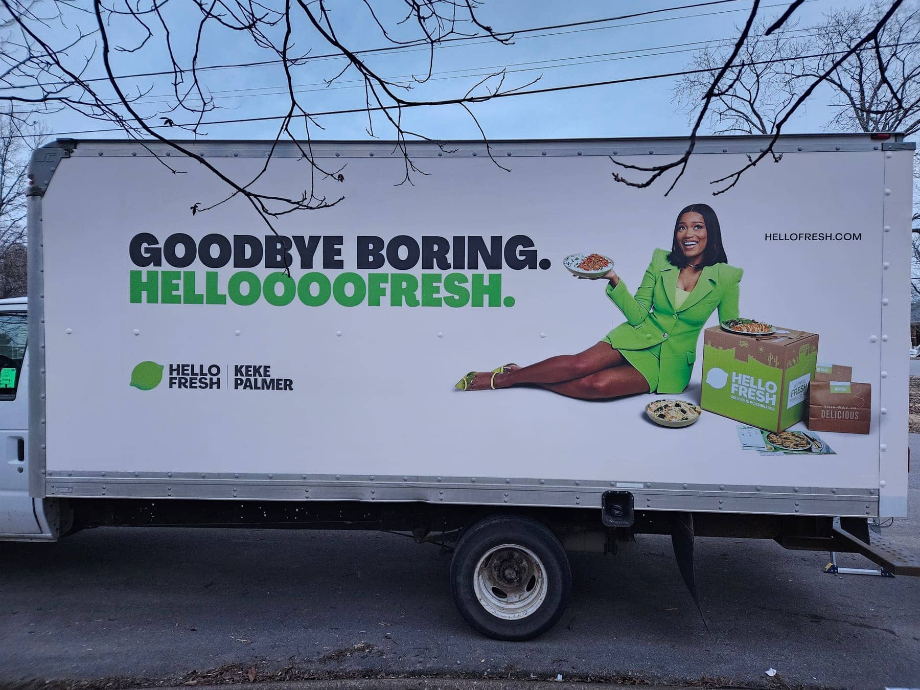 Box truck with Goodbye Boring Helloooofresh campaign wrap featuring Keke Palmer