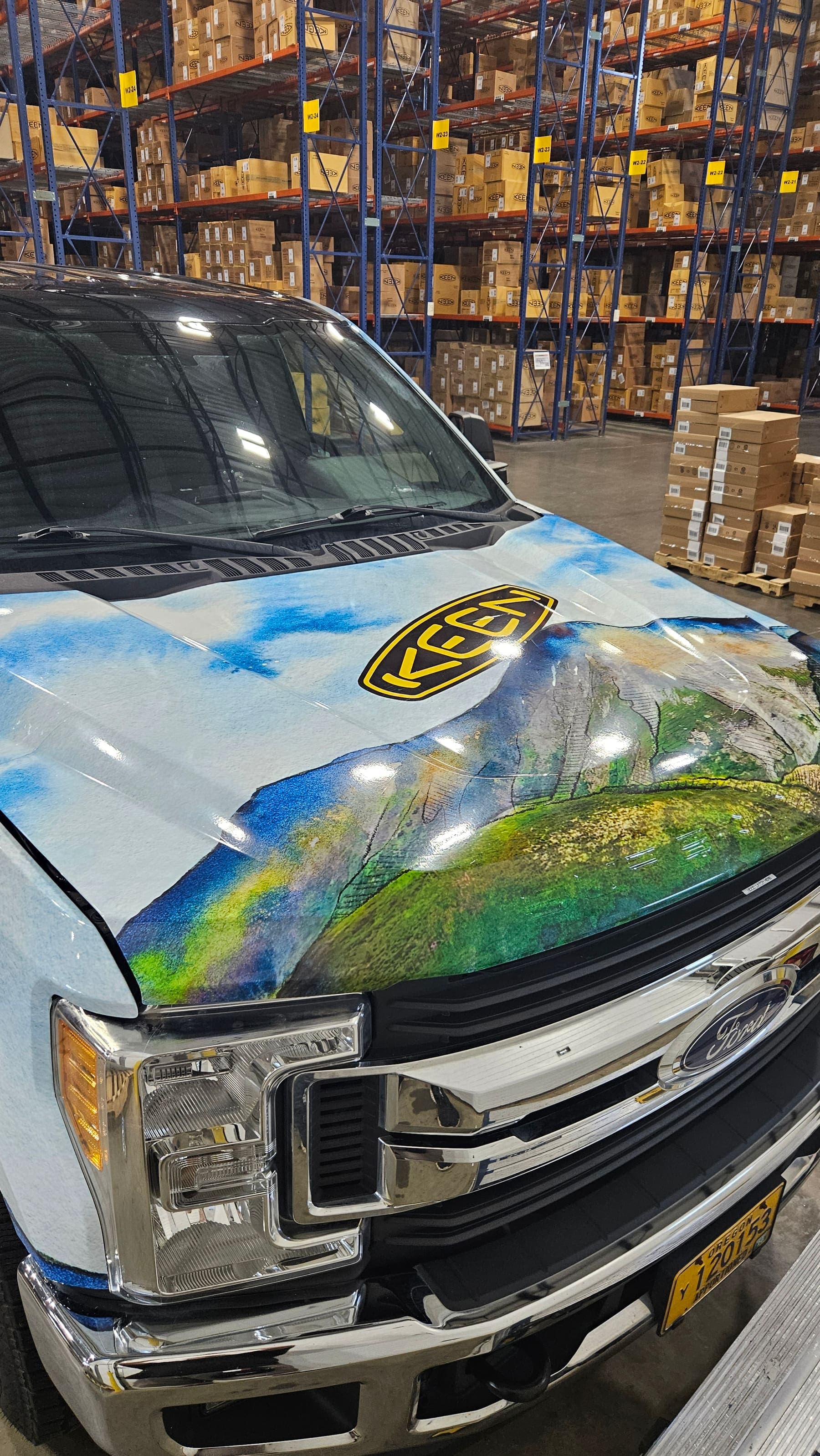 Close-up of the KEEN F-250 hood printed with a mountain ridge