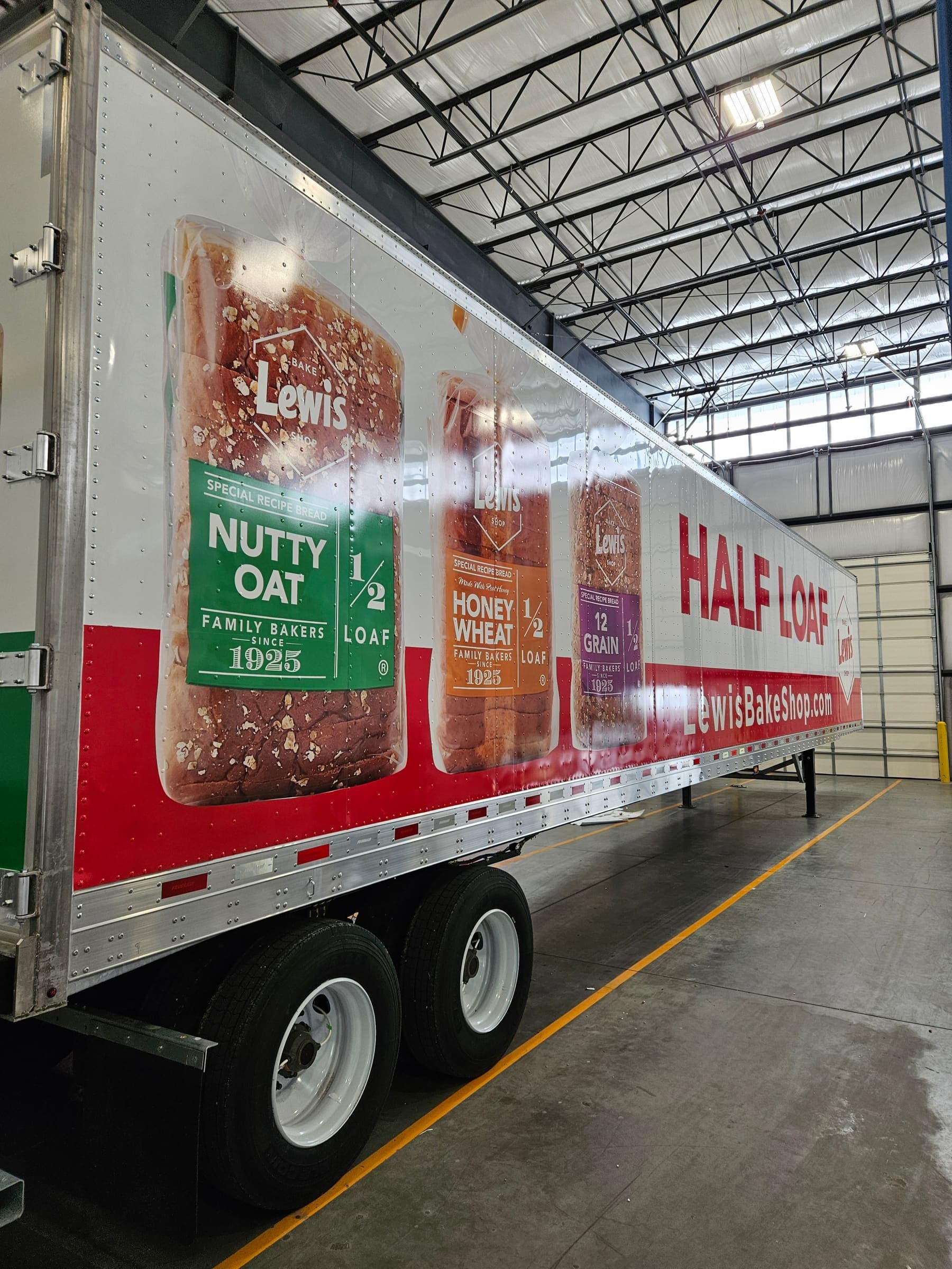 Lewis Bake Shop 53-foot trailer with giant bread photography, inside the production facility