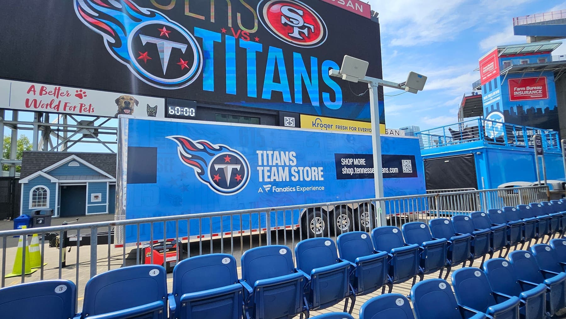 Blue Titans Team Store trailer wrapped and parked at Nissan Stadium